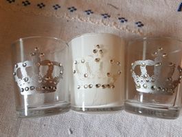 3 x Glas-Teelicht-Töpfli mit Kronenmotiv