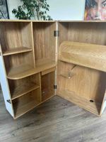 Meuble malle bureau blanc et bois clair ouvert, bon état