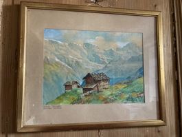 Aquarell Mürren Blumental Grosshorn Breithorn signé