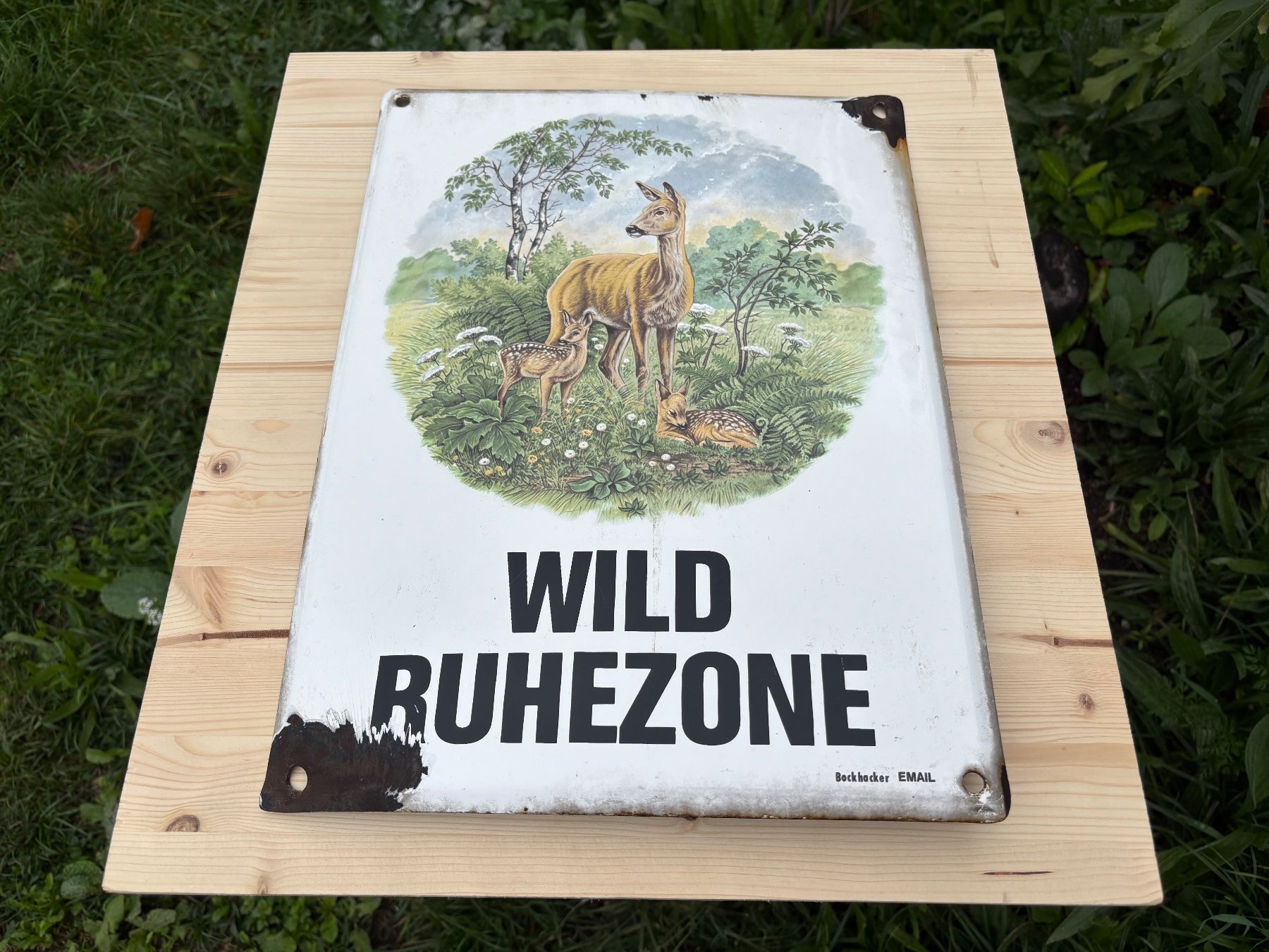 Insegne: seltenes altes Bockhacker Emailschild Wild Ruhezone – Usato da Feldbach venduto da Olive1 1
