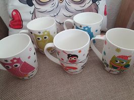 Tassen Kaffee oder Tee "EULE" 5 Stück und 1 Vesperbrett