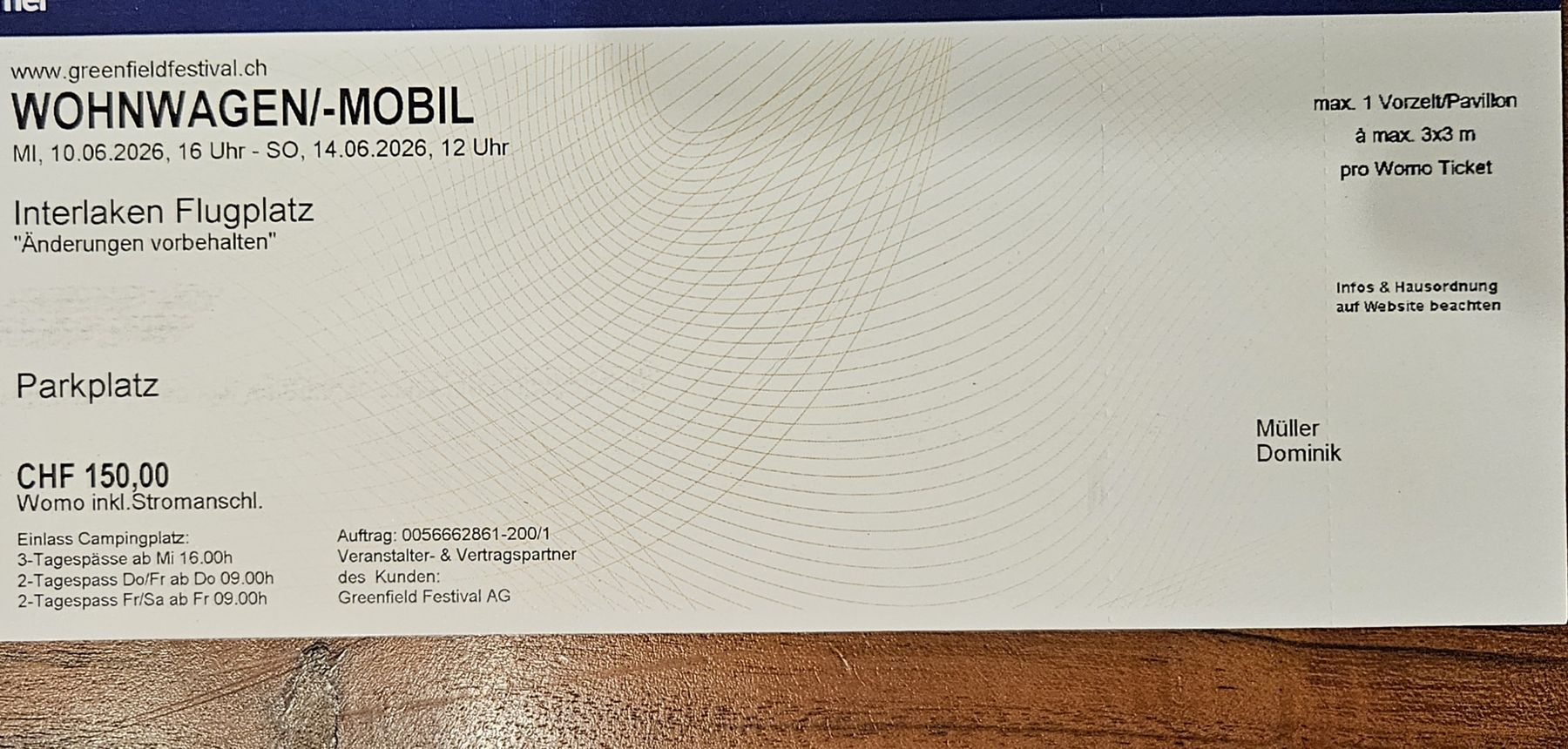 Biglietti: Greenfield Womo Ticket – Nuovo e nell'imballaggio originale da Lauperswil venduto da D_Cycles