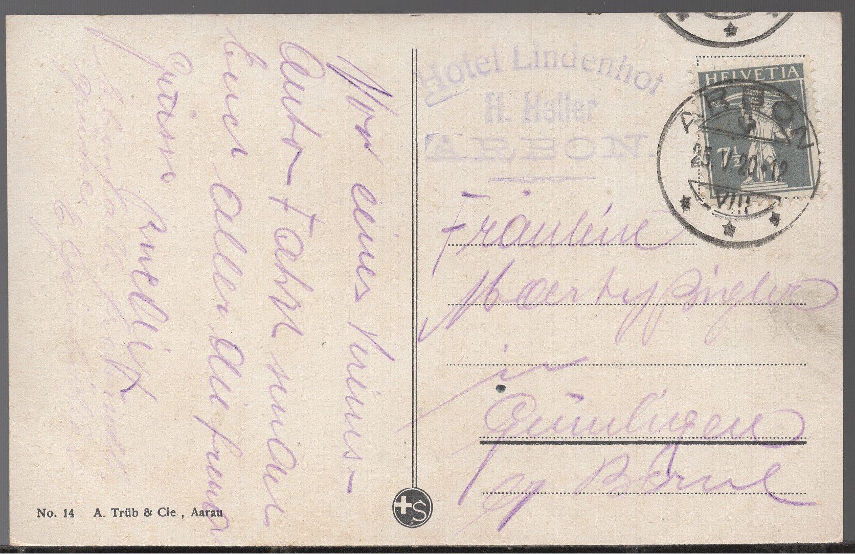Cartoline postali: Arbon  /  Hotel Lindenhof  1920 – Usato da Aarau venduto da kufi44 2
