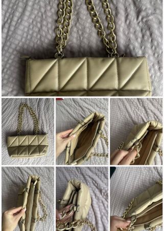 Elegante beige Schultertasche mit goldener Kette