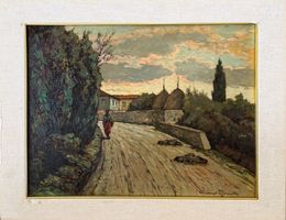 Dipinto olio su tavola, Paesaggio rurale, Gino Romiti, XX