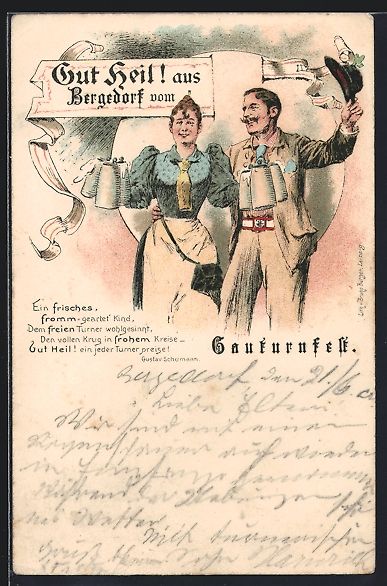 Cartoline postali: Litho Bergedorf, Feiernde beim Gauturnfe – Usato da Berlin venduto da bartko-reher