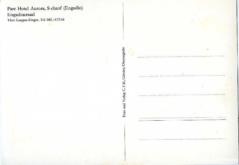 Ansichtskarten: S-chanf - Parc Hotel Engadinersaal c1965 – Gebraucht aus Emmenbrücke von teestube 1