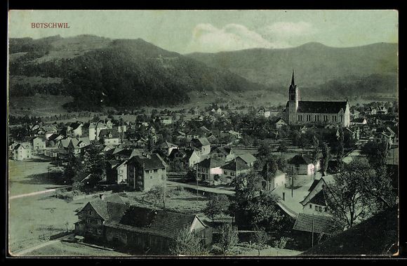 Cartoline postali: AK Bütschwil, Ortsansicht mit Kirche – Usato da Berlin venduto da bartko-reher