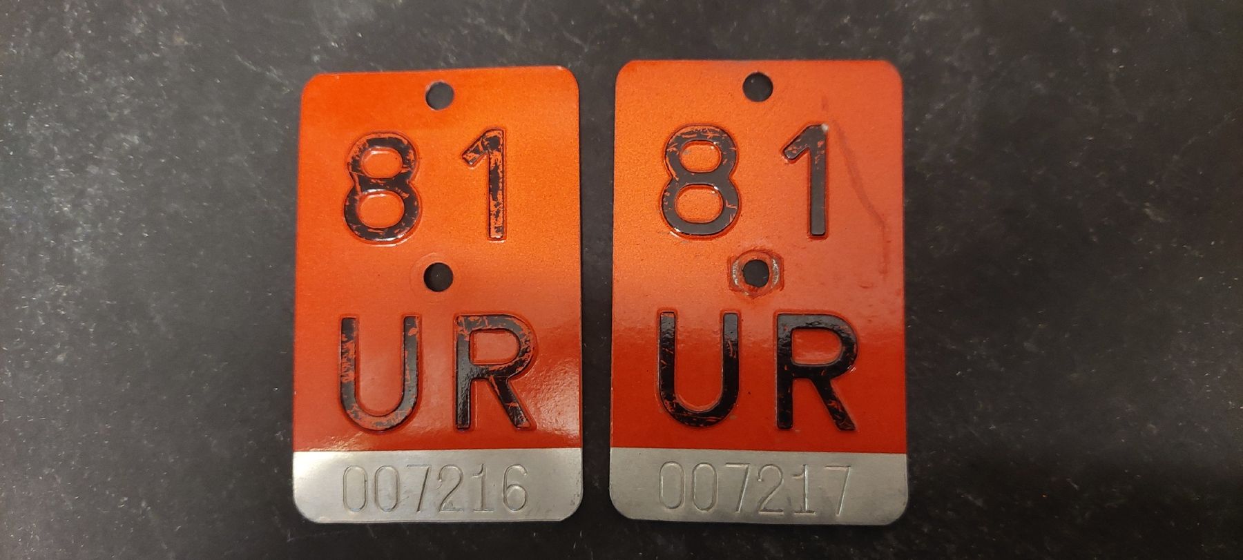 Insegne: Velonummern Kanton Uri 1981, 2 Stück – Usato da Seewen SZ venduto da Muhans
