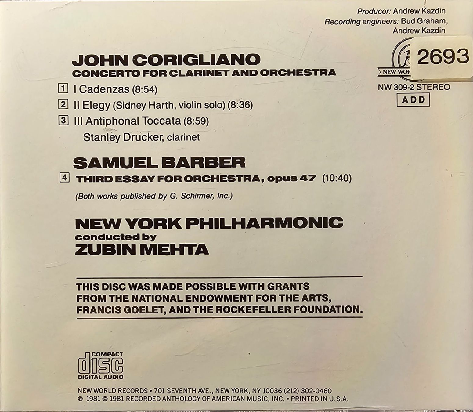 CD: John Corigliano, Samuel Barber - Clarinet Concerto / Third.. – Usato da Wahlen b. Laufen venduto da Cg10 2