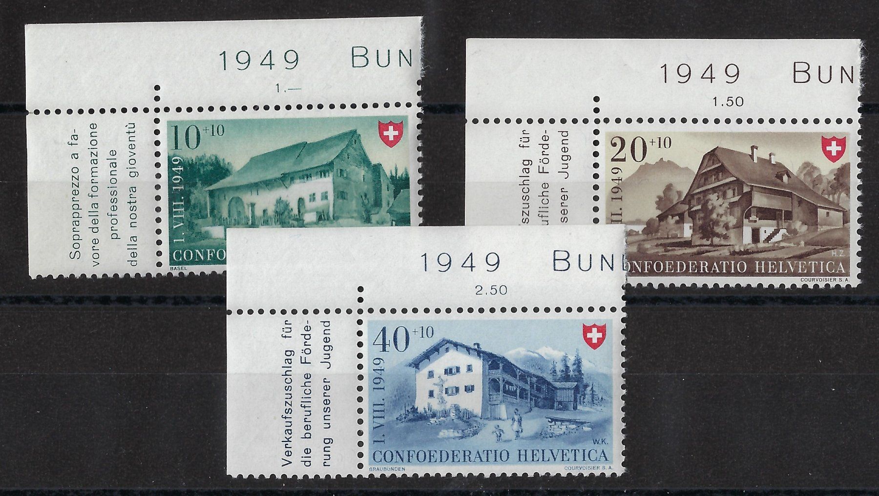 Tutti i francobolli: 1949 Pro Patria Katalog-Nr. B43-B45 mit Bogenrand-Tab ** – Nuovo (secondo la descrizione) da Morgarten venduto da mech58