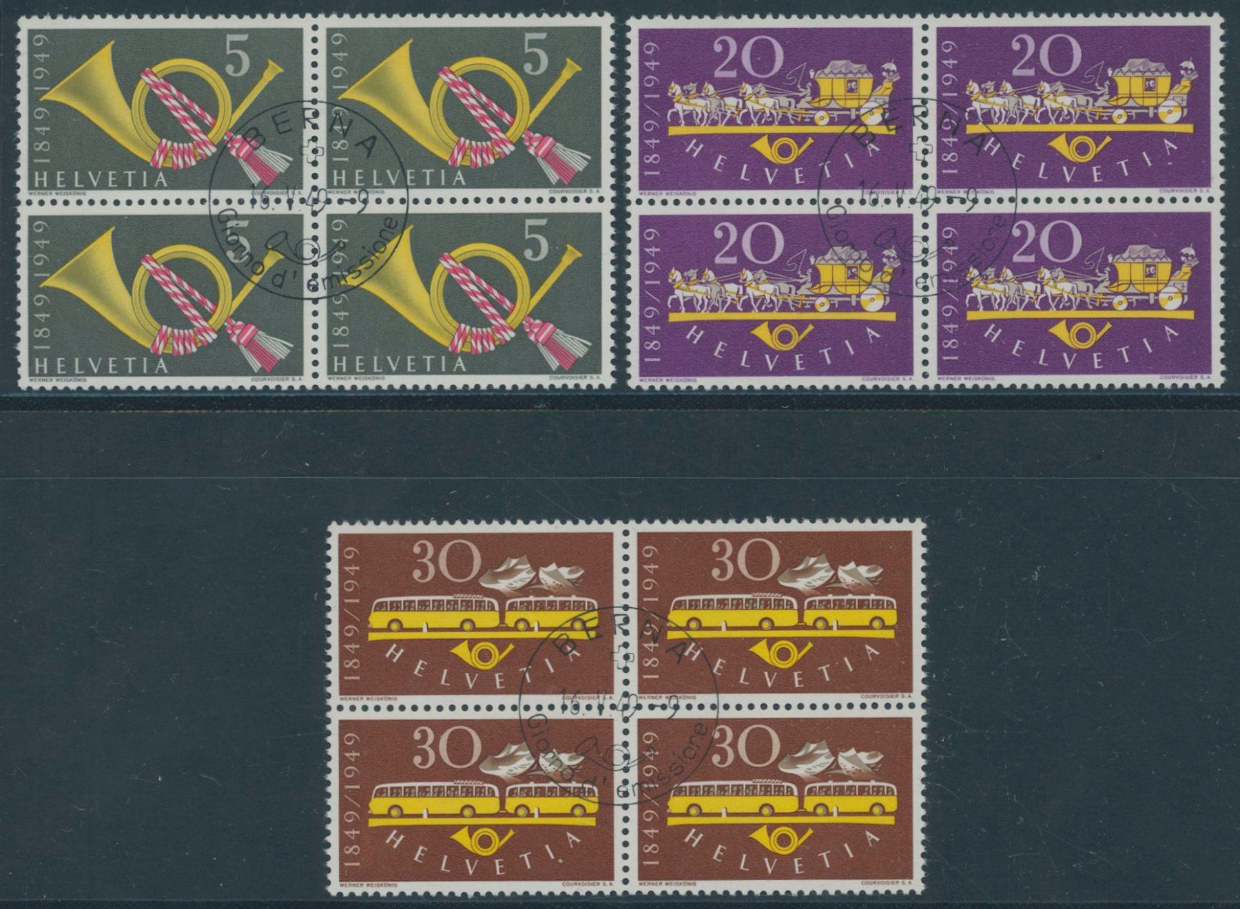 Alle Briefmarken: 1949 - Eidgenössische Post - Viererblock - Ersttag ET - it – Gebraucht aus Schindellegi von leecollect