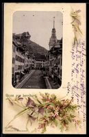 AK Lenzburg, Strassenansicht mit Burg und Kirchturm
