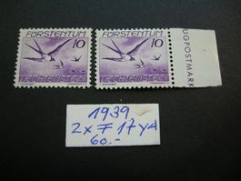 1939 LIECHTENSTEIN FLUGPOSTVÖGEL 2x F17ya, POSTFRISCH, 60.00