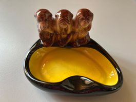 Aschenbecher mit Affen Motiv Keramik gelb schwarz