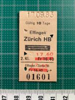 Effingen (Ex-Bahnhof) - Zürich HB, altes Bahn Billett, SBB