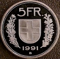 5 Franken 1991 stgl. / tiefe Randschrift / aus Münzsatz