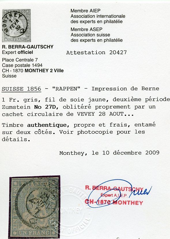 Alle Briefmarken: Zst 27 D Strubel Vevey - Attest Berra – Gebraucht aus Steffisburg von Charlamov 2