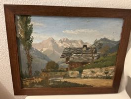 Peinture paysage montagne chalet et montagne signé
