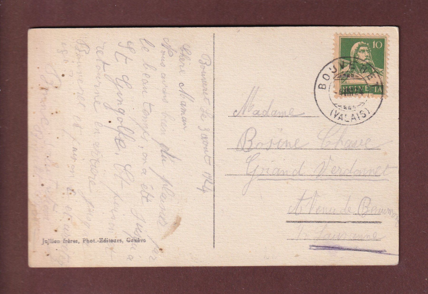 Cartoline postali: LE BOUVERET - 1924 – Usato da Pully venduto da nicecards 1
