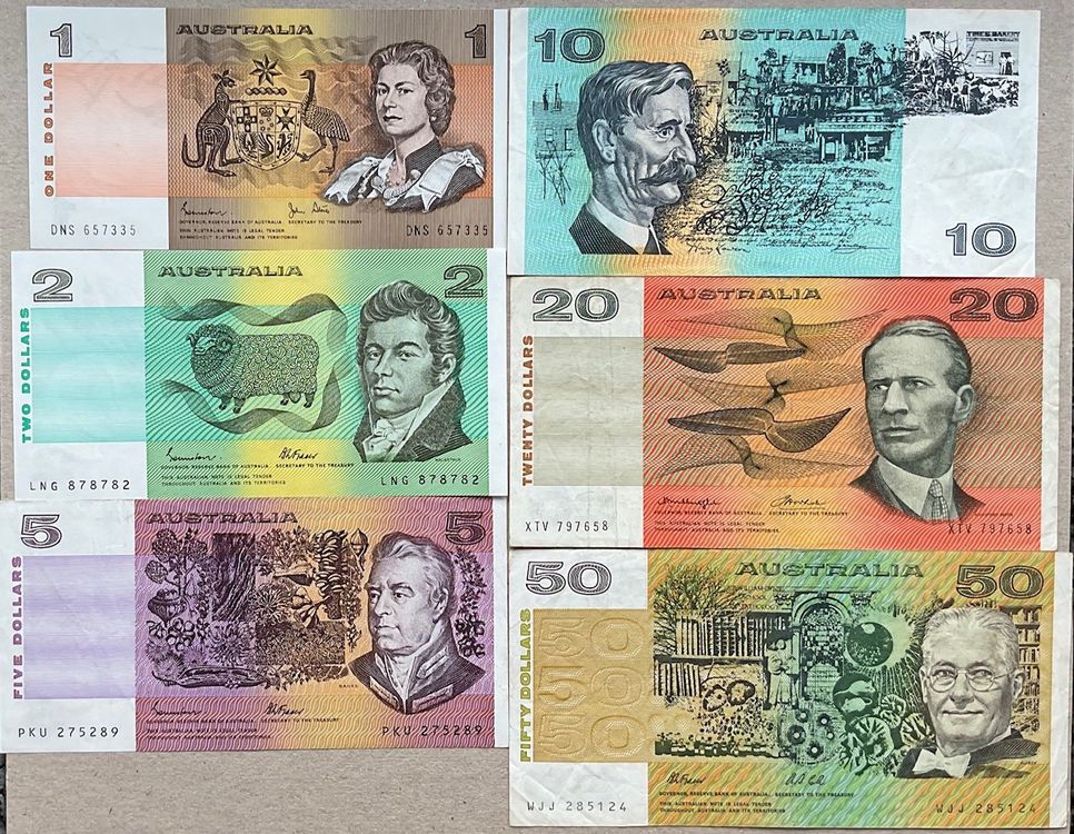 schönes LOT Banknoten von Australien 1 Dollar bis 50 Dollar (Gebraucht ...