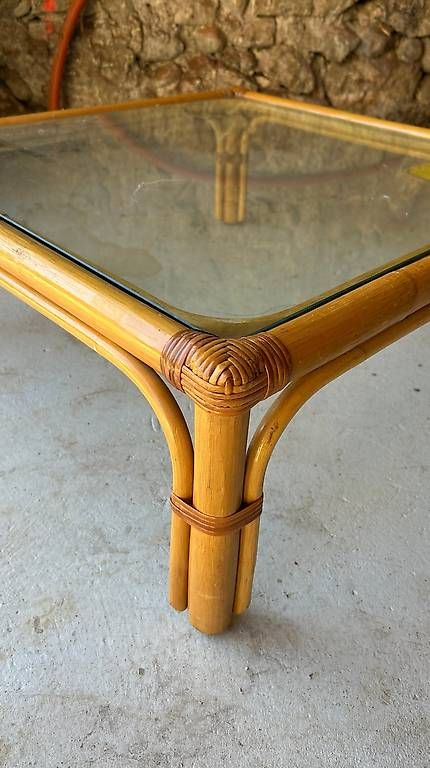 Tavoli: Table basse carrée en rotin et verre – Usato da Collex venduto da val_9cgy 2