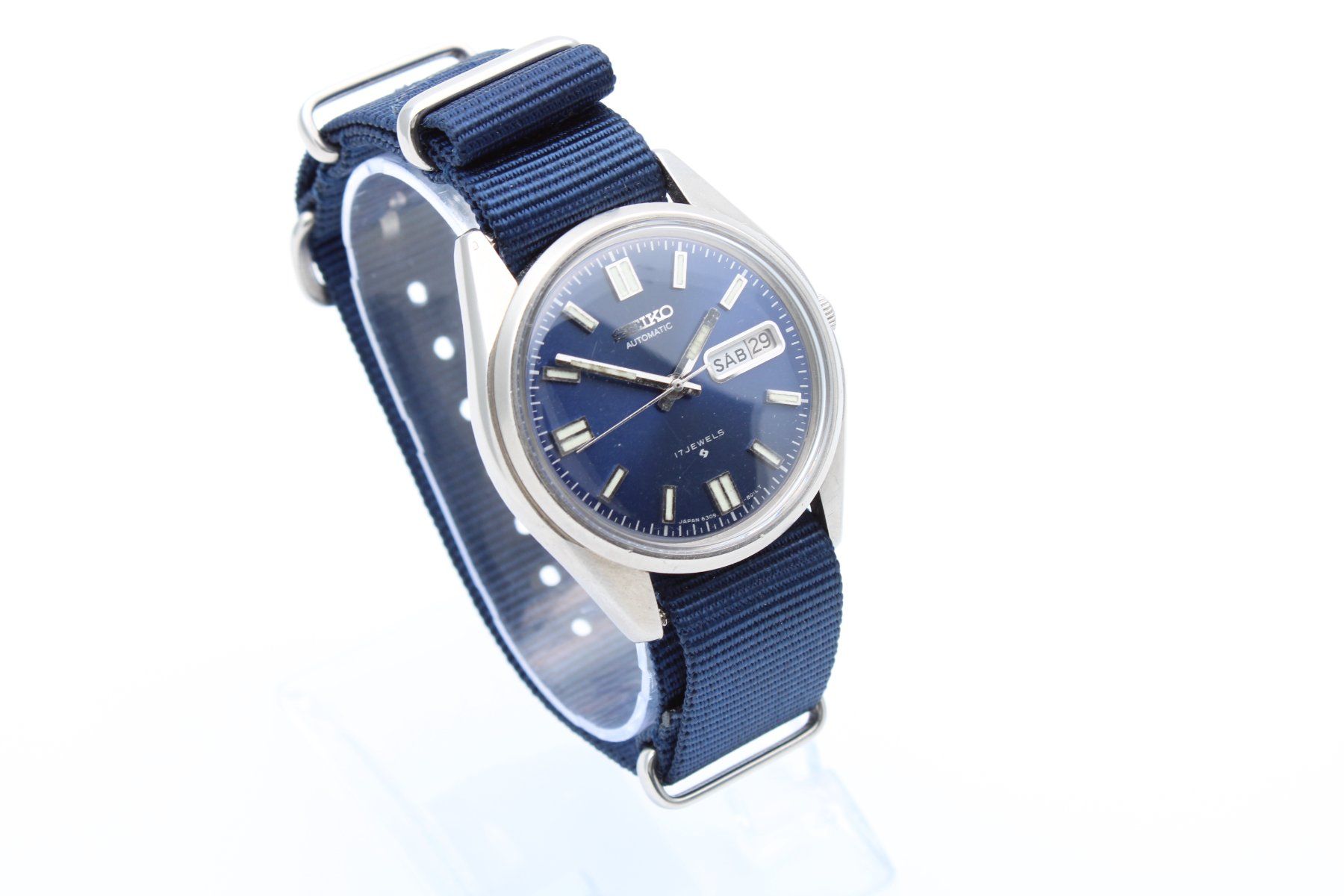Seiko Orologi: Seiko Automatic Daydate Blue Dial 6409-8019 Nato Strap – Usato da Brüttisellen venduto da Alphawatch 2