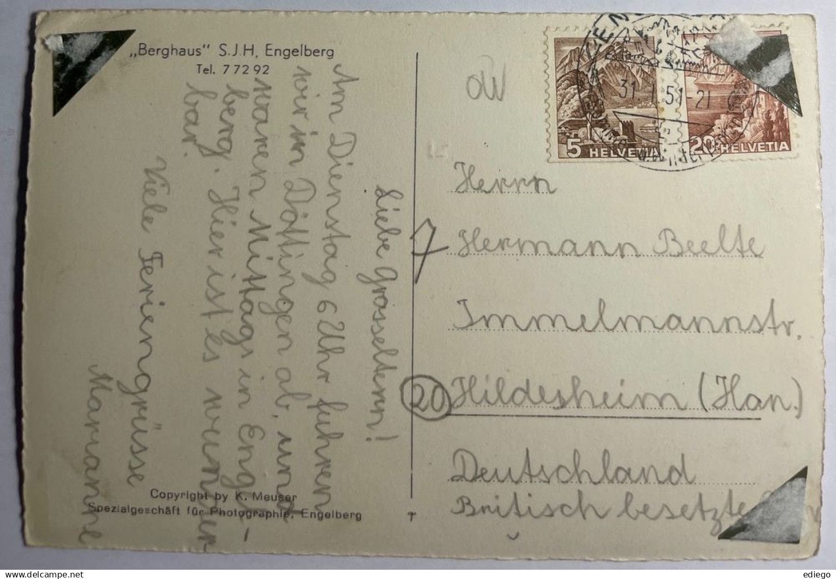 Cartoline postali: ENGELBERG - "Berghaus" S.J.H 1951 – Usato da Lutry venduto da Ediego 1