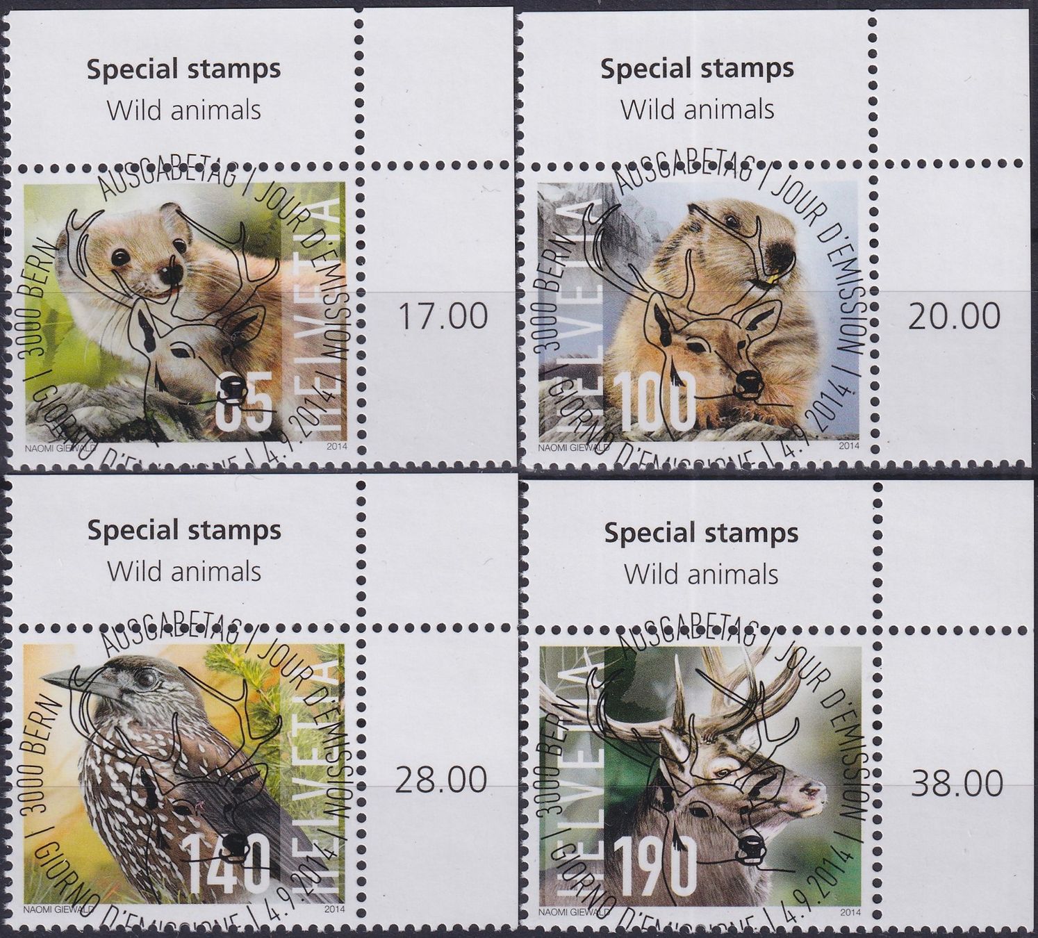Tutti i francobolli: 2014, Nr.1520-1523 "Wildtiere" mit ET-Voll-Stempel +TABS – Usato da Sursee venduto da Luzernerraute