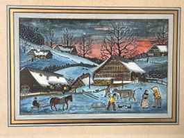 Vintage-Kunstdruck Schweizer Bauernmalerei Winter R. Huber