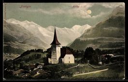 AK Frutigen, Kirche mit Bergmassiv im Hintergrund