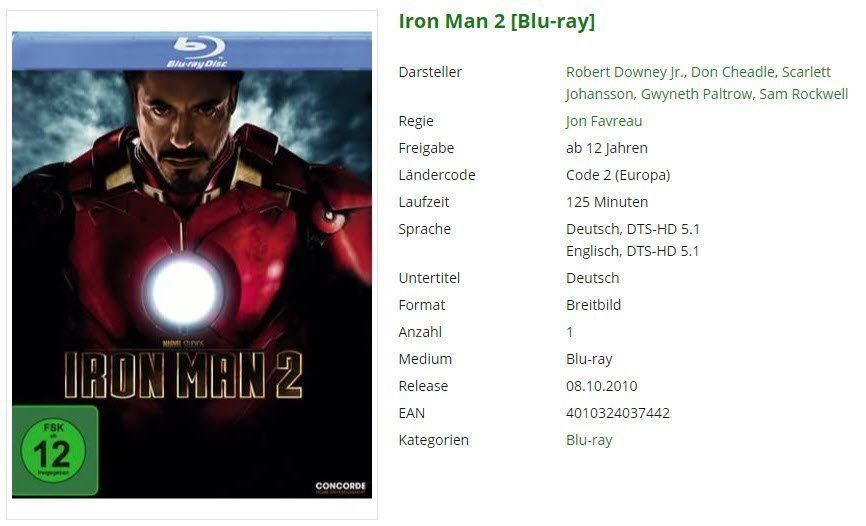 Tutti i DVDs: Iron Man 2 [Blu-ray] – Usato da Buchrain venduto da Sssschaller