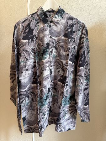 Chemise vintage violet/noir/vert imprimé palmiers, t.M