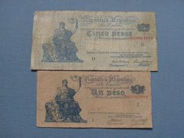 Alte Argentinische Banknoten, 1 & 5 Peso, Vintage Set