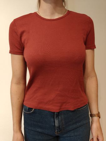 Damen T-Shirt gerippt rot Kurzarm guter Zustand