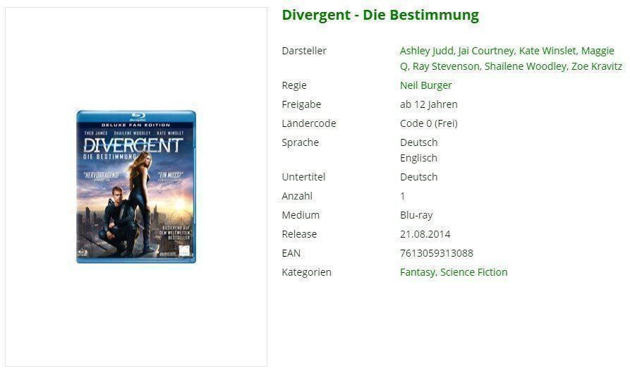 Tutti i DVDs: Divergent - Die Bestimmung (Blu-Ray) – Usato da Buchrain venduto da Sssschaller