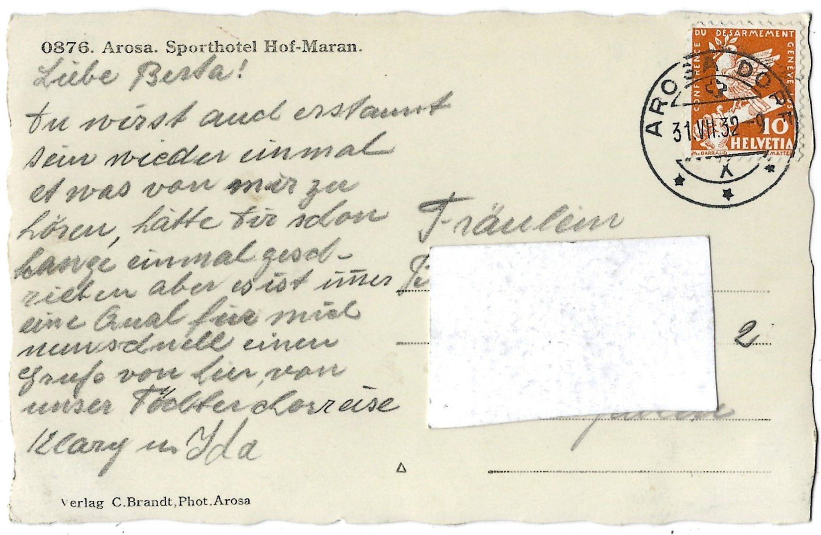 Cartoline postali: 0876.  Arosa.  Sporthotel  Hof-Maran. – Usato da Bütschwil venduto da Jackson1A 1