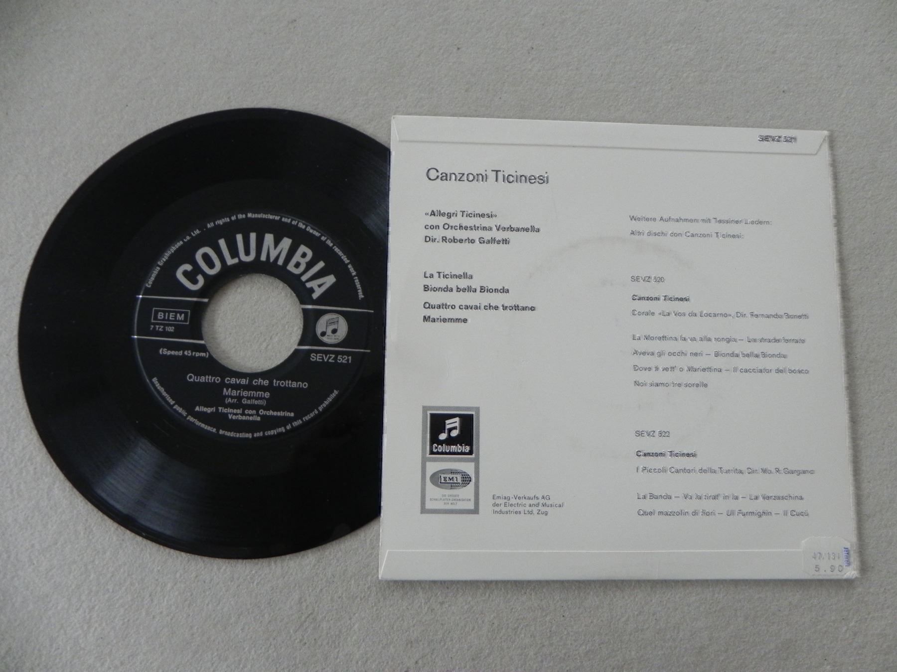 Schallplatten: Volksmusik Single Canzone Ticinesi 1970 – Gebraucht aus Siebnen von krimsie 1