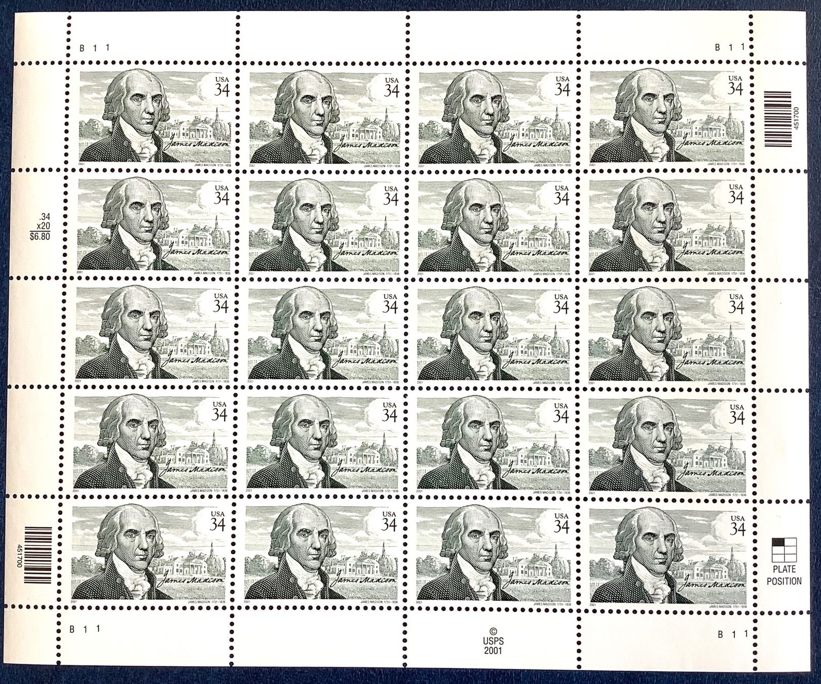 Alle Briefmarken: 2001 - USA / James Madison Bogen ** – Neu (gemäss Beschreibung) aus Liestal von Skunk02