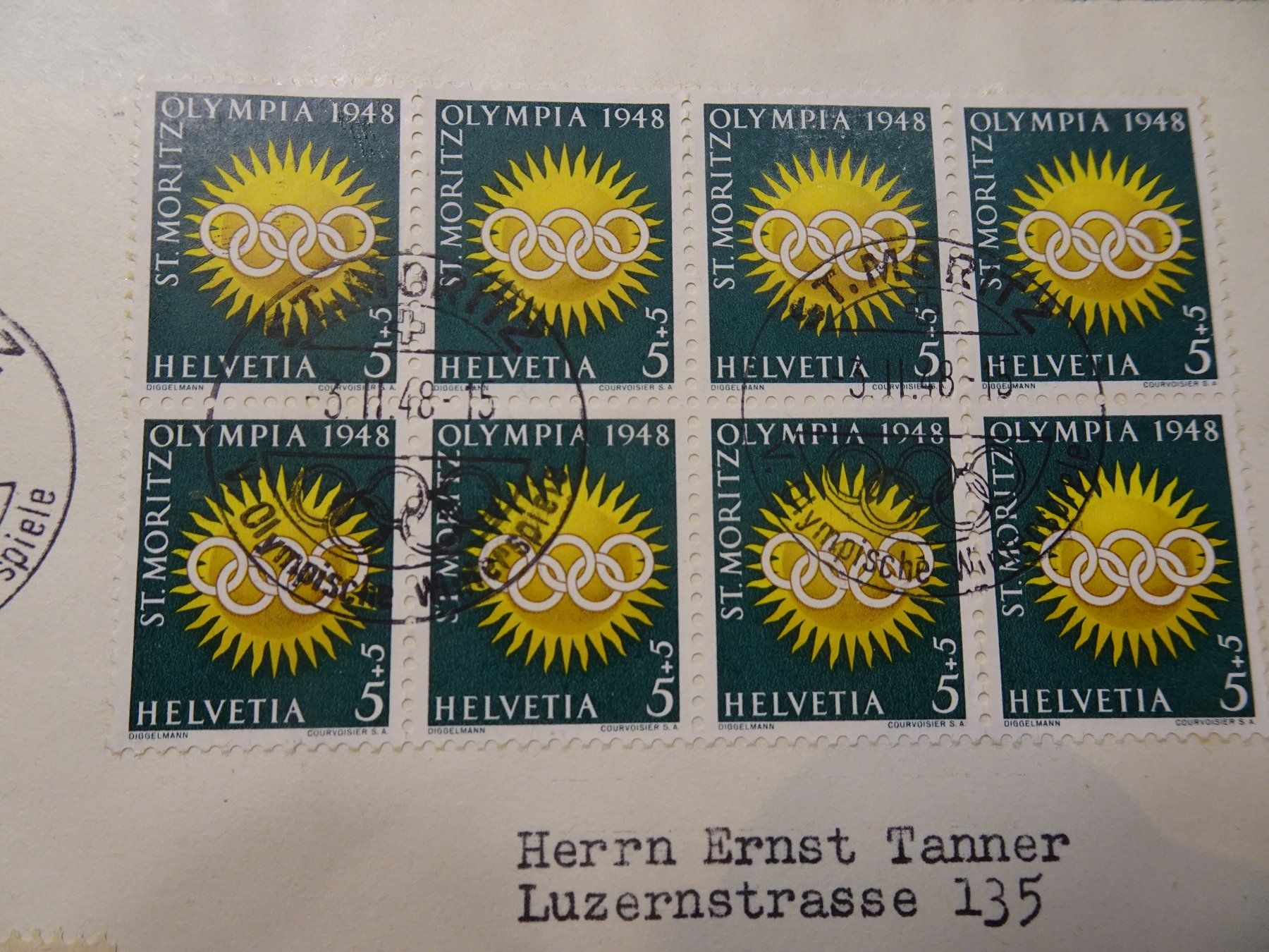 Alle Briefmarken: 3.II.48.ST. MORITZ; OLYMPISCHE WINTERSPIELE; 8er BLOCK – Gebraucht aus Eschenbach SG von eDaisy 1