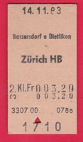 KARTON BILLETT, BASSERSDORF - ZÜRICH HB, 2.KLASSE, EINFACH