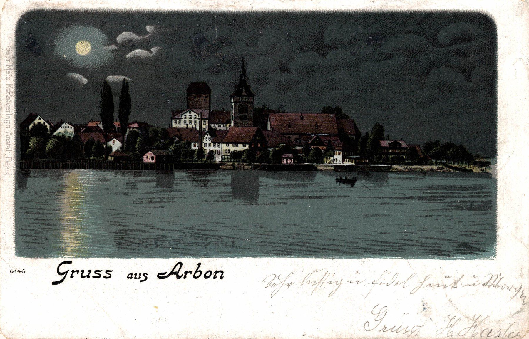 Cartoline postali: Gruss aus Arbon. Mondschein, 1899 – Usato da Bronschhofen venduto da Astore