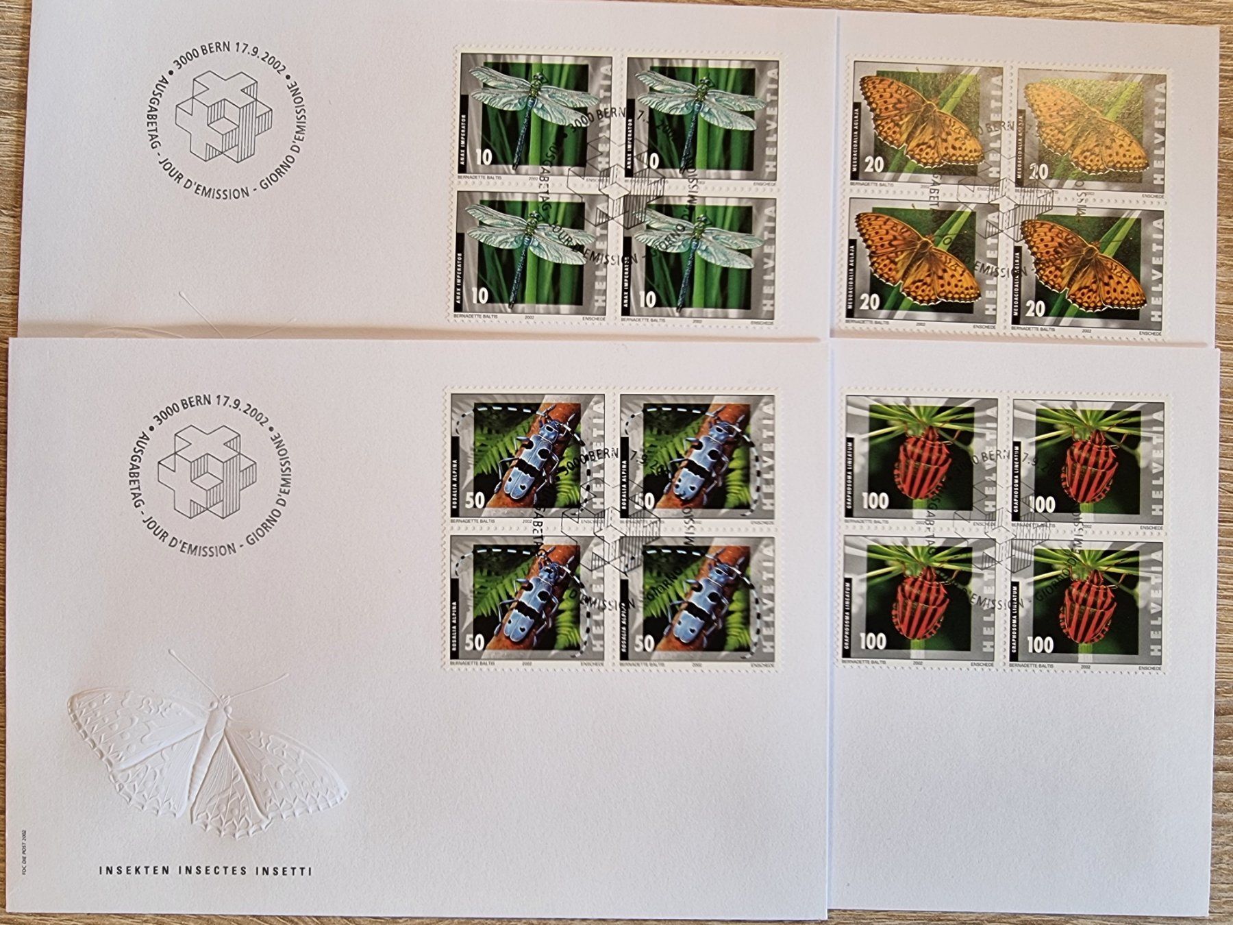 Tutti i francobolli: 9 CH-FDC Insekten - 4er Blocks - Einzel + Satz 2002 - ET – Usato da Buchen venduto da Jonny58 3