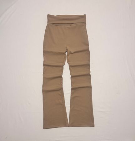 Beige Tan Flared Leggings - Y2K  Streetwear Foldover Pants 