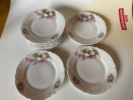 Set von 10 Tellern mit Blumenmuster, gebraucht, weiss