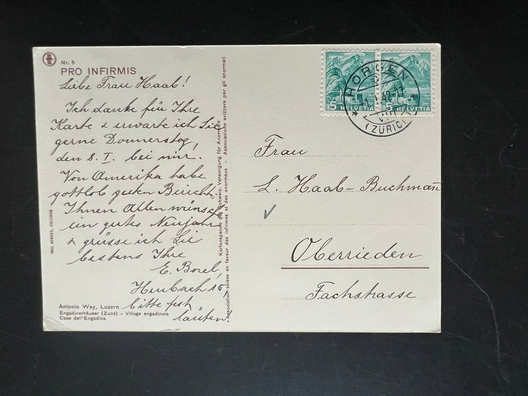 Cartoline postali: 1942  Ansichtskarte Zuoz Pro Infirmis  (V379) – Usato da Hinwil venduto da Sidi4 1
