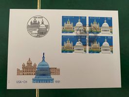 Ersttagsbrief Schweiz USA 1991 Viererblock gebraucht
