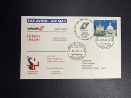 Swissair Erstflugbrief Zürich-Delhi 1991