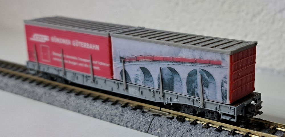 RhB Bündner Güterbahn Wagen mit 2 Container Kato Spur N (Neu (gemäss ...