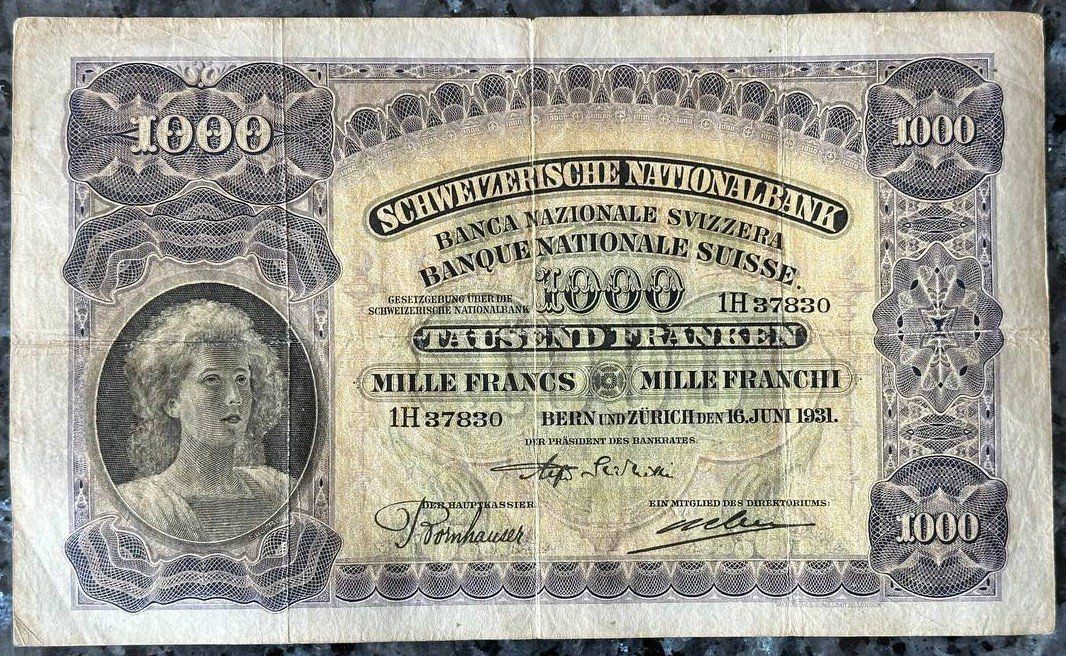 Banknoten: Schweizer 1000er Note, 16. Juni 1931 – Gebraucht aus Beringen von Mantafisch1